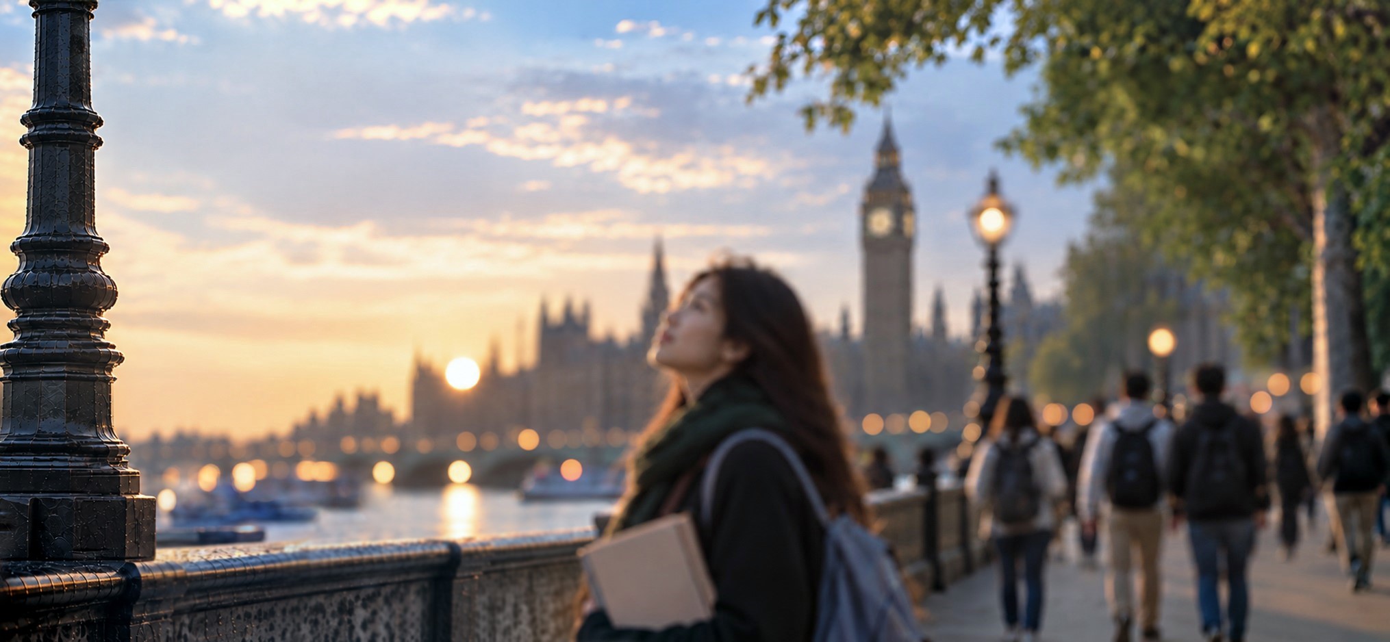 A student beside the Thames, looking towards Westminster at sunset